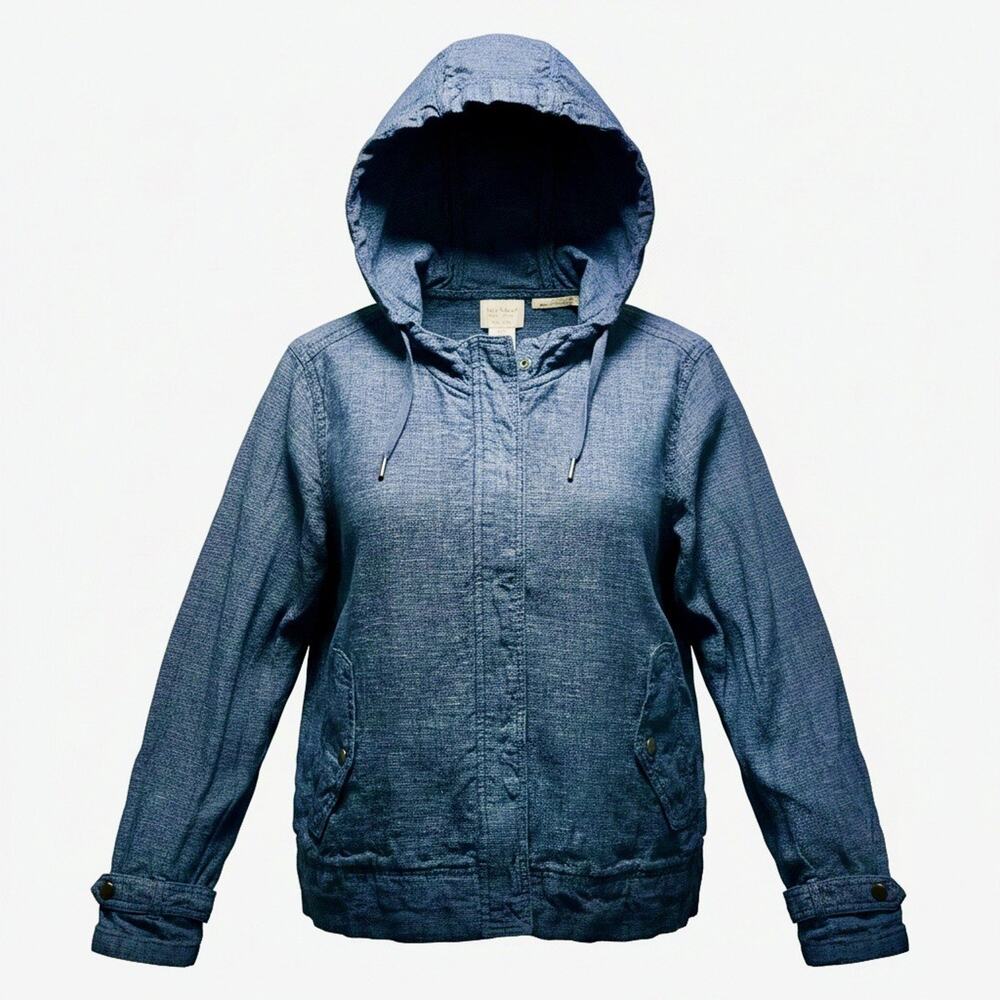 Nicole Miller Small Linen Hooded Zip Jacket Pockets Navy Small